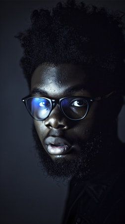Portrait of a stylish young African American man wearing black framed glasses with a dark serious facial expression in a studio settingの素材