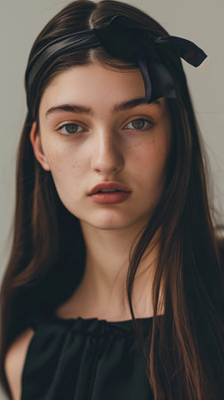 Portrait of a pensive young European woman with long dark hair elegant fashion and a captivating thoughtful expression in a studio settingの素材