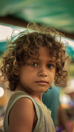 Thoughtful young boy with curly light brown hair standing in a tropical beach setting looking into the distance with a peacefulの素材