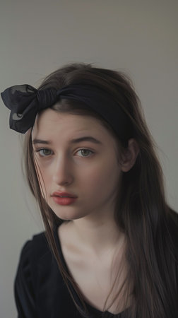 Captivating monochrome portrait of a pensive young woman with elegant dark style and mysterious expression showcasing her natural beauty and enchanting aura in a minimalist studio settingの素材