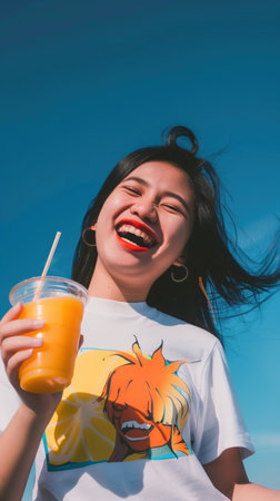 Joyful carefree young Asian woman laughing and enjoying a refreshing summer beverage outdoors under a bright blue sky  She exudes a vibrant positive energy and lively moodの素材
