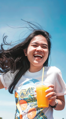 Joyful and energetic young Asian woman basking in the warm sunshine her hair flowing freely in the breeze as she radiates a vibrant genuine smile capturing a carefree and uplifting outdoor momentの素材
