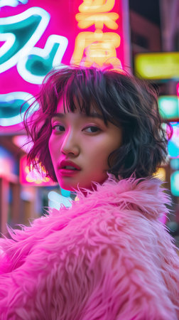 Captivating portrait of a charming Asian woman posing amidst the vibrant neon lights and energetic atmosphere of an urban cityscape  Her confident and mysterious expression combined with the boldの素材
