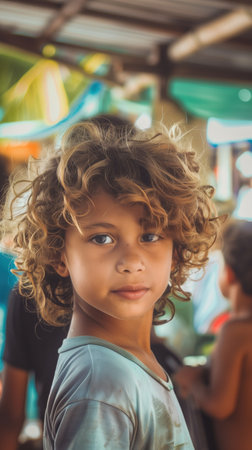 Portrait of a cheerful young boy from Oceania with curly light brown hair looking at the with a happy and playful expression as he enjoys outdoor activities and recreationの素材