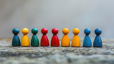 A collection of colorful wooden figurines or pawns arranged in a simple minimalist display on a textured surface  The geometric shapes and patterns create an abstract strategic looking compositionの素材