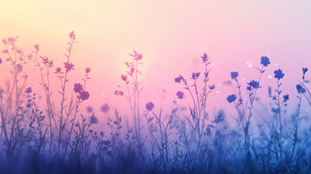 Delicate wildflowers silhouetted against a pastel gradient background creating a serene and enchanting atmosphere  This digital showcases the natural beauty of these organic forms with a softの素材