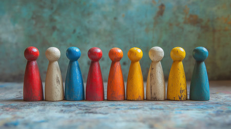 A set of colorful wooden figurines arranged in a symmetrical and balanced display showcasing a diverse collection of shapes sizes and hues  The arrangement conveys a sense of creativity imaginationの素材