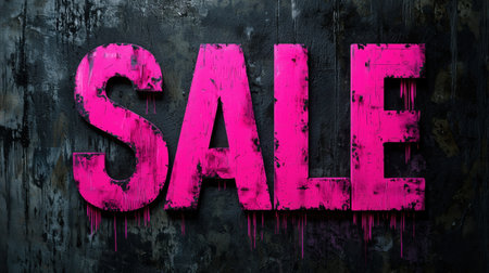 Striking and vibrant  SALE  text painted in bold eye catching pink against a rough grungy urban wall background  This image conveys a sense of promotion discountの素材