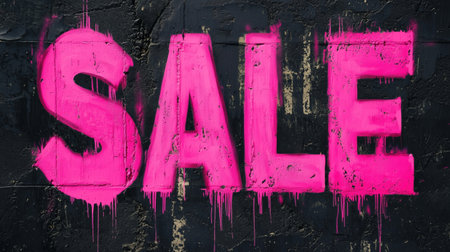 Boldly Painted Pink Sale Graffiti Text on Grungy Urban Wall Background  Contemporary Advertising Promotion and Discount Concept with Spray Paint Dripping Effectの素材