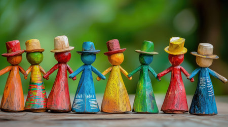 A photography of a group of colorful wooden figurines or dolls standing together showcasing a diverse and whimsical collection of character designs in a harmonious displayの素材