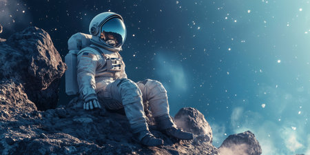 Solitary astronaut in a spacesuit sitting on a rocky barren surface of an unknown extraterrestrial world gazing up at the vast starry skyの素材