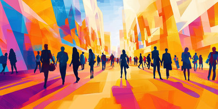 A vibrant and dynamic depicting a bustling modern city environment with a colorful architectural landscape skyscrapers and a silhouetted crowd of commuters walking through the urban settingの素材