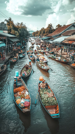 Vibrant and Bustling Floating Market on a Tranquil River in Southeast Asia with Colorful Boats Vendors and a Lively Atmosphere of Trade and Commerceの素材