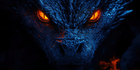 Dramatic digital of a fierce powerful dragon emerging from the shadows its piercing glowing eyes and menacing expression conveying a sense of danger and the supernaturalの素材