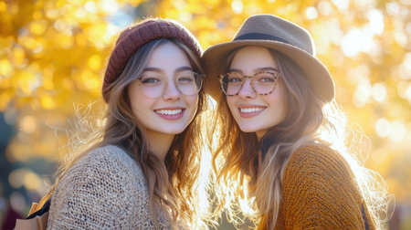 Two carefree and smiling young women captured in a candid portrait basking in the warm autumn sunlight and surrounded by the vibrant colors of the natural environmentの素材