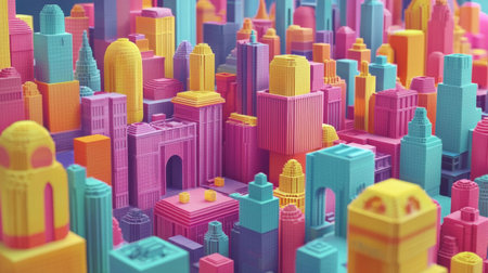 Vibrant Futuristic Cityscape   Colorful 3D Digital of an Imaginative and Captivating Urban Landscape with Towering Skyscrapers Intricate Architectural Designs and a Bold Playful Color Paletteの素材