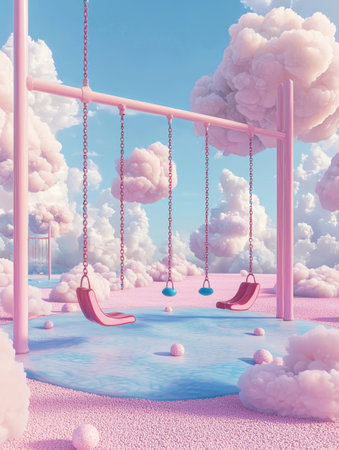 Whimsical Swing Set Floating in a Dreamy Pastel Sky Filled with Fluffy Ethereal Clouds   A Serene Fantastical Landscape Perfect for Escapism and Imaginationの素材