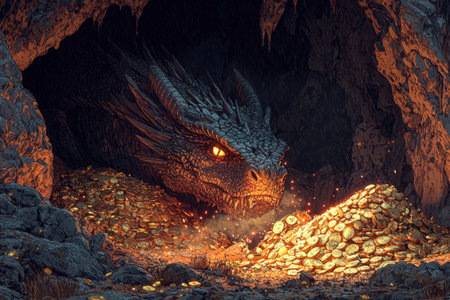 Magnificent dragon s lair filled with a sprawling treasure hoard of glittering gold gems and jewels hidden deep within a dark mysterious cavern  Fantasy of an epic cinematic sceneの素材