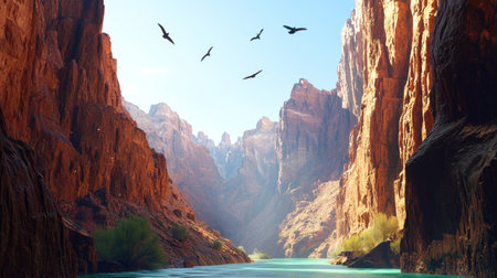 Dramatic towering cliffs and canyons in a rugged arid mountainous landscape with soaring birds flying overhead showcasing the grand epic scale and natural beauty of this remote geological wonderの素材