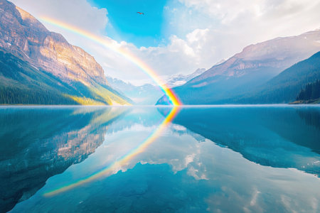 Breathtaking landscape photograph showcasing a glassy turquoise alpine lake nestled amid a dramatic mountain range with a stunning rainbow arching gracefully across the serene mirrored surfaceの素材