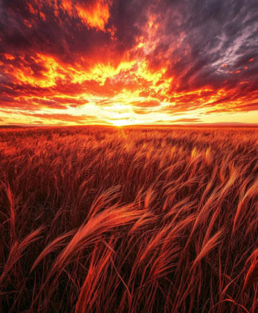 Dramatic fiery sunset casts a warm glowing light over a vast expansive wheat field landscape  The sky is ablaze with vibrant oranges reds and clouds creating a moodyの素材