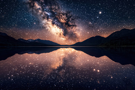 Captivating image of the Milky Way galaxy reflected in a tranquil mountain lake  surrounded by silhouetted peaks under a starry night sky at duskの素材