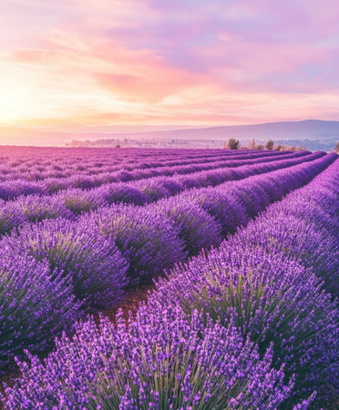 Stunning panoramic view of a lush lavender field stretching across the rolling countryside at a serene sunset  The vibrant purple blooms create a dreamlikeの素材