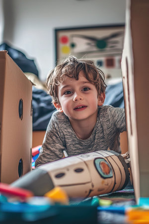 Joyful energetic young boy plays with a cardboard robot toy in the comfort of his own bedroom showcasing his creativity and imaginative spiritの素材