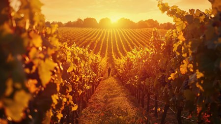 Stunning Autumnal Vineyard Landscape Bathed in Warm Sunset Glow with Lush Rows of Grape Vines and Vibrant Golden Foliage Lining the Serene Countrysideの素材