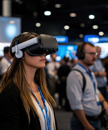 A woman wearing a virtual reality headset while attending a cutting edge tech conferenceの素材
