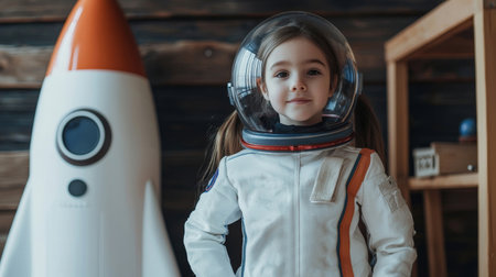 Photograph of a young girl dressed in a miniature spacesuit standing confidently in front of a large rocketの素材