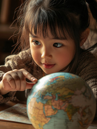 Thoughtful Asian girl sitting at her desk curiously exploring a globe and contemplating the world around her demonstrating a thirst for knowledge and discoveryの素材