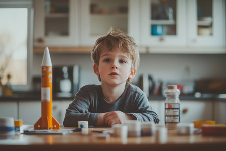 Portrait of a young thoughtful boy sitting at a kitchen table with a pensive expression on his face as he focuses intently on something in front of himの素材