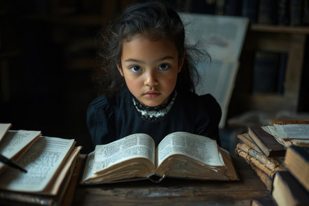 Thoughtful Young Girl Deeply Engaged in Reading and Learning   Portrait of a Focused Serious Child Immersed in a Book Demonstrating Intelligence and Intellectual Curiosityの素材
