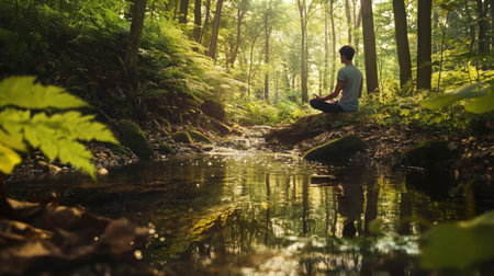 Peaceful forest scene with lush greenery reflected in the still waters of a tranquil stream or pond  A serene natural landscape offering a calming meditative atmosphereの素材