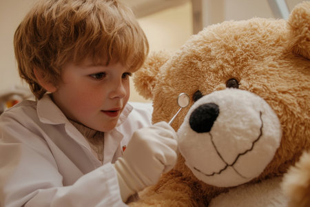 A young smiling boy tenderly hugging and cuddling a soft brown teddy bear in the comfort of his bedroom  The image conveys a sense of innocence comfortの素材