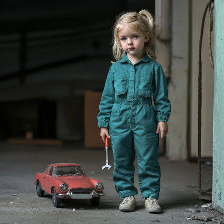Cute and adorable young girl wearing a mechanics uniform standing in a garage workshop and posing with a toy model car  The image has a playful and imaginative feelの素材