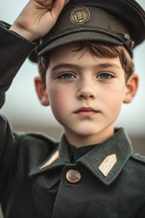 Serious and Focused Expression of a Young Soldier Wearing a Military Uniform with Insignia and Badges Conveying a Sense of Authority Duty and Dedication to Serviceの素材