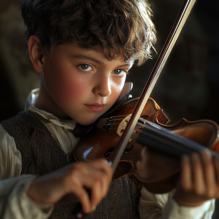 A closeup portrait of a young talented musician intensely focused on playing the violin in a dimly lit studio setting showcasing his skill dedication and passion for classical music performanceの素材