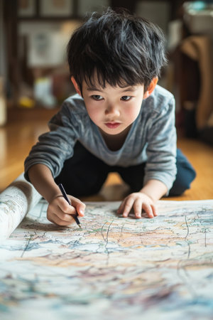 Young Asian Boy Crouched Intently on Hardwood Floor Studying a Map Displaying Curiosity and Focus in Geographic Discovery and Learningの素材