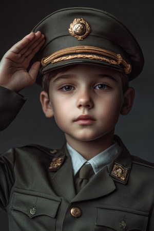 Closeup Portrait of a Serious looking Young Boy in a Formal Military Uniform Adorned with Medals Epaulets and Other Brass Insignia Denoting Authority and Disciplineの素材