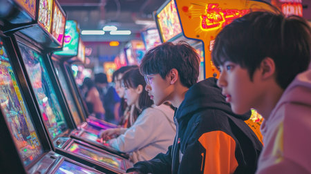 Vibrant retro arcade scene filled with neon lights colorful gaming displays and a lively atmosphere in an Asian city settingの素材