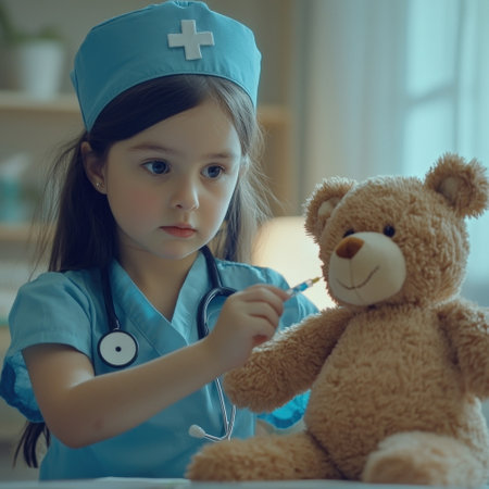 A young girl dressed in a nurse s uniform carefully examining a teddy bear with a stethoscope showcasing her and compassion for the healthcare professionの素材