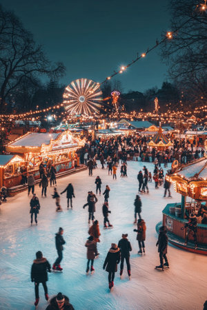 Captivating night scene of a bustling winter festival with a crowd of people enjoying the lively atmosphere festive lightingの素材