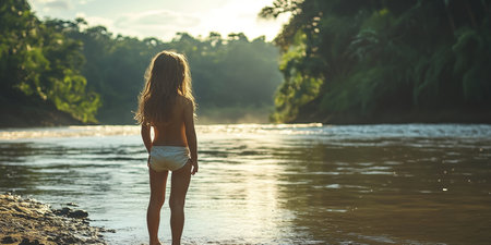 A lone woman in a swimsuit stands on the riverbank taking in the serene and untouched natural beauty of the tropical forest and waterfront around her  She appears lost in the momentの素材