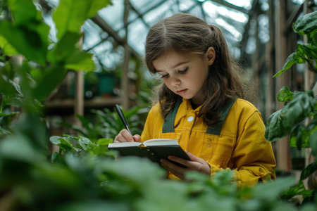 Curious young girl dressed in a yellow jacket intently reading a book while surrounded by lush greenery and plants in a cozy greenhouse settingの素材