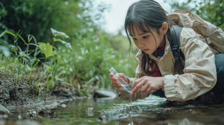 Young Girl Investigating the Stream and Surrounding Nature on a Field Trip or Outdoor Expedition  She Appears Curious and Engaged in Discovering the Ecology and Wildlife of the Natural Environmentの素材
