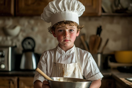 A young boy wearing a chef s white uniform with a tall hat stands in a kitchen smiling and holding a rolling pin as he prepares food and bakes on the countertopの素材