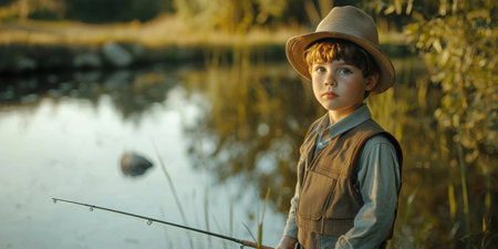 Portrait of a young boy dressed in a fisherman s vest standing by a calm pond or lake holding a fishing rod and taking a moment to appreciate the serene natural surroundingsの素材