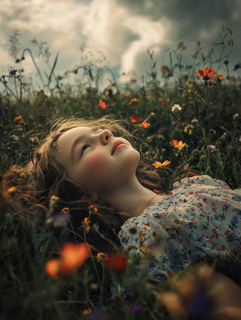A peaceful and tranquil scene of a young girl lying in a lush blooming meadow filled with vibrant flowers and lush foliage  The image captures a moment of rest and relaxation in a naturalの素材